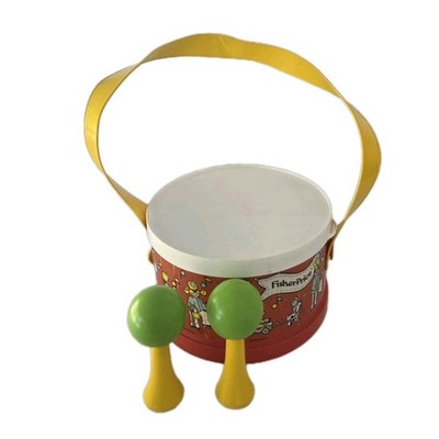 Vintage Fisher Price Toy Marching Band Drum With Strap & Geen Maracas 1979 #921