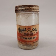 Vintage Jiggs Day Pork Rind Bass Bait Jar 2 oz Partial Contents Estate Find