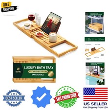 Foldable Bathtub Tray Caddy - Wood Bath Tray for Tub, Bamboo Shelf, Expandabl...