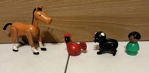 New ListingVintage Little People Lot Black Pig, Red Rooster, Brown Horse And Person