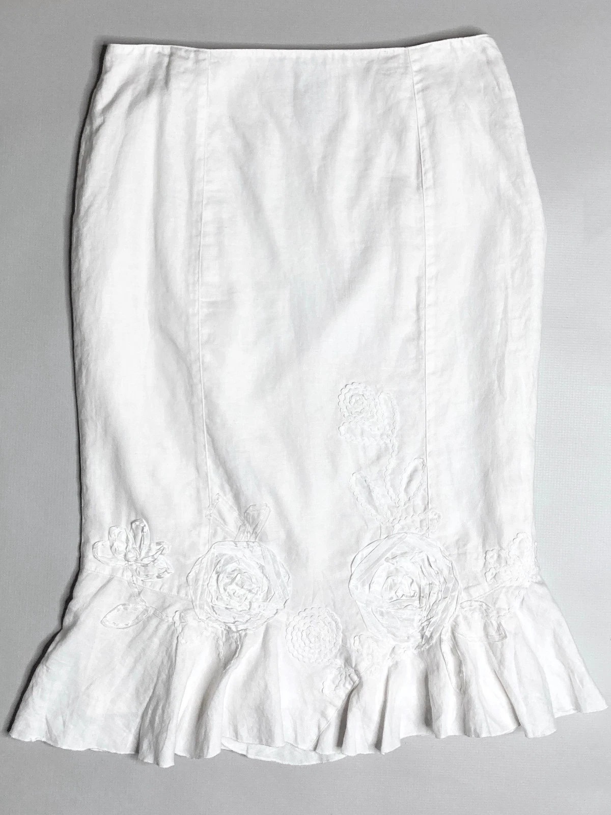 Nine West Size 10 Linen + Cotton Embroidered Ric Rac Midi Skirt White