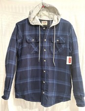 NWT Wrangler Authentics Hooded Shirt Jacket Mens Medium Blue Plaid Quilted Shack