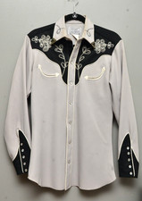 H Bar C Men  s Western Shirt Beige/Black Embroidered Snap 15 1/2" Cowboy