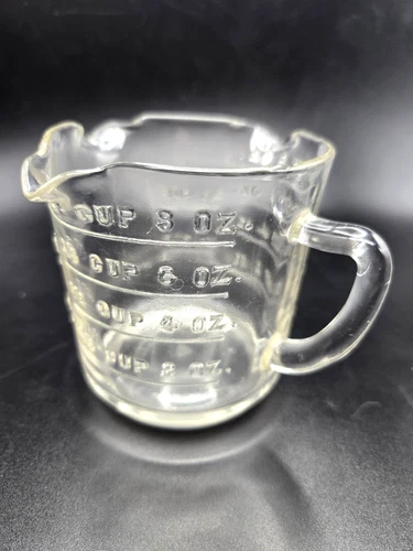 Vintage Federal Glass Measuring Cup 3 Spout 1 Cup D-Handle Clear Glass Embossed