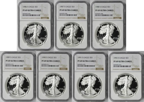 Lot 7 Coins Different Date American Silver Eagle $1 Proof PF 69 Ultra Cameo NGC