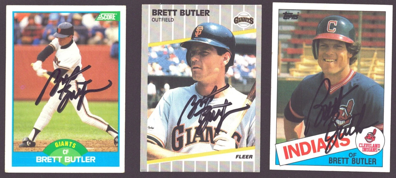 BRETT BUTLER 1985 TOPPS 1989 FLEER SCORE AUTOGRAPH SIGNED GIANTS INDIANS LOT 3