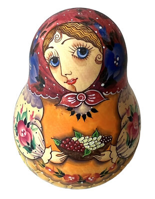RUSSIAN Hand Painted Roly Poly Folk Art Chime Doll Matryoshka Wood  Bell 4.75 