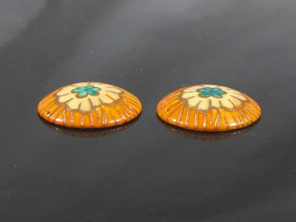 2 Antique CELLULOID DOMED BUTTONS - ORANGE, TEAL, GOLD - FLORAL - Image 2 of 4