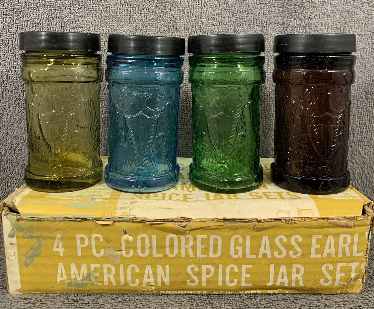 Davar Colored Glass Vintage Early American Spice Jar Set In Box