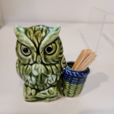 Sweet Little Vintage Blue & Green Owl Toothpick Holder Ceramic Pottery 1970s MCM