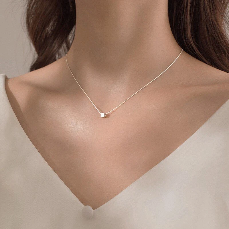 925 Sterling Silver Simple Square Pendant Necklace Cute Geometric Women  Jewelry