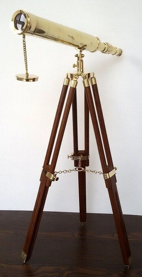 18" Collectible Telescope Brass With Nautical Tripod Wood Stand Stand - Image 4 of 4