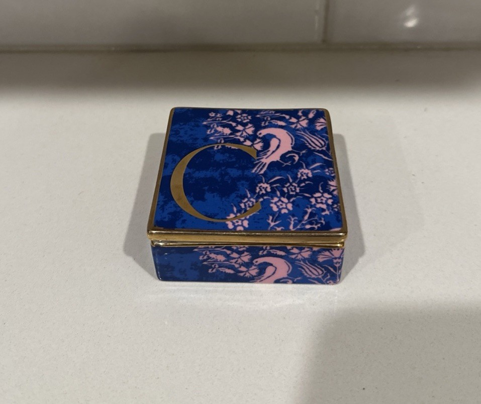 Anthropologie Venice Monogram Gold C Lidded Ceramic Trinket Box with Pink Bird