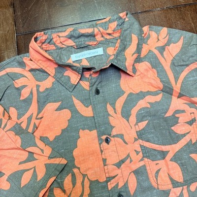Outerknown Button Shirt Mens XL Olive Orange Floral Organic Cotton Hemp