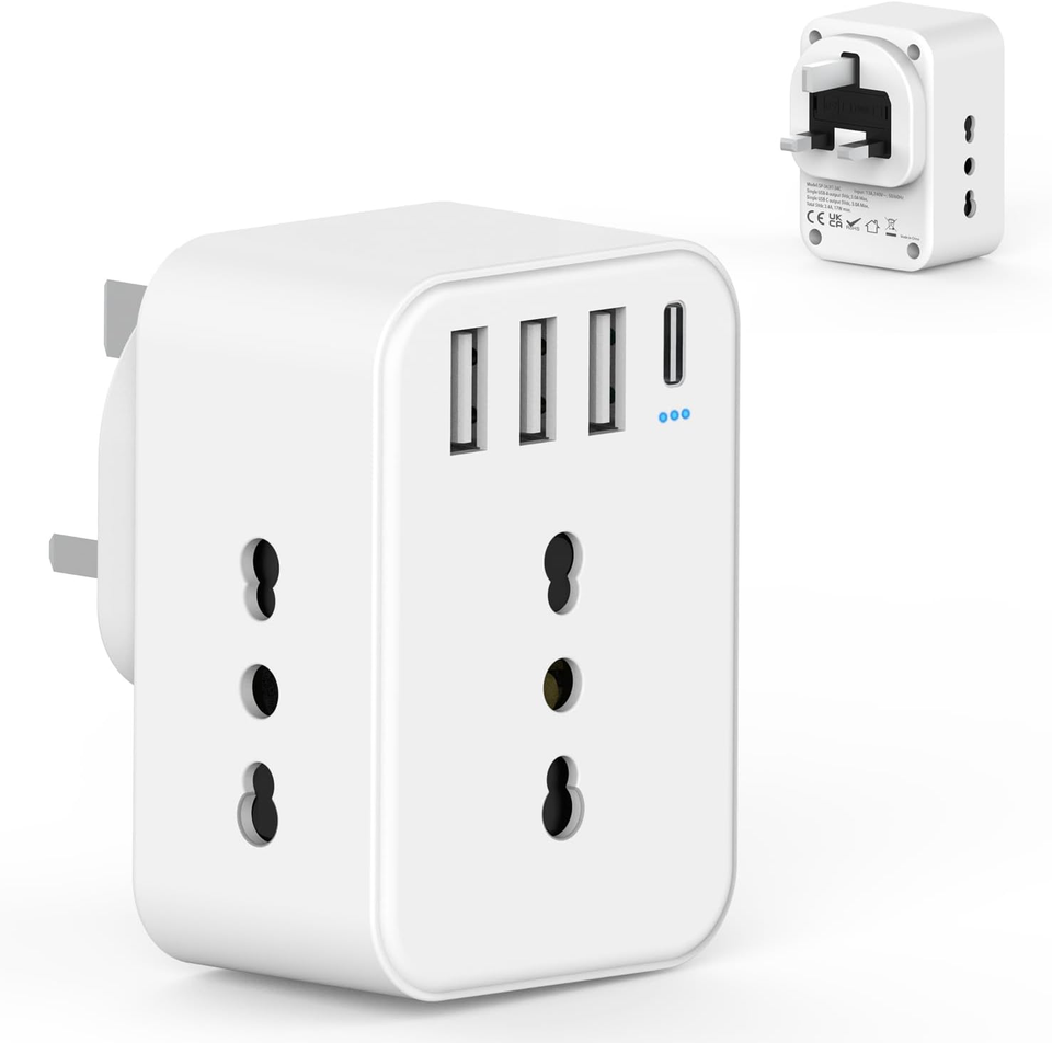 HANYEAL Adattatore Presa Inglese,Adattatore Presa Inglese a Spina Italiana, Adattatore UK per Gran Bretagna, Qatar, Irlanda, Gambia, Adattatore Prese Inglesi 3120W,con 3 Presa Schuko & 4 Porte USB