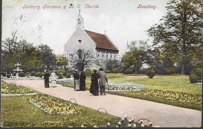 Reading, Berkshire - Forbury Gardens, RC Kirche - Postkarte, lokale PMK um 1905-10