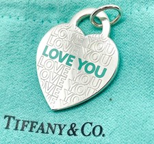 Tiffany  Co. "Love You" Blue Enamel Heart Tag Pendant Sterling Silver w/ Pouch
