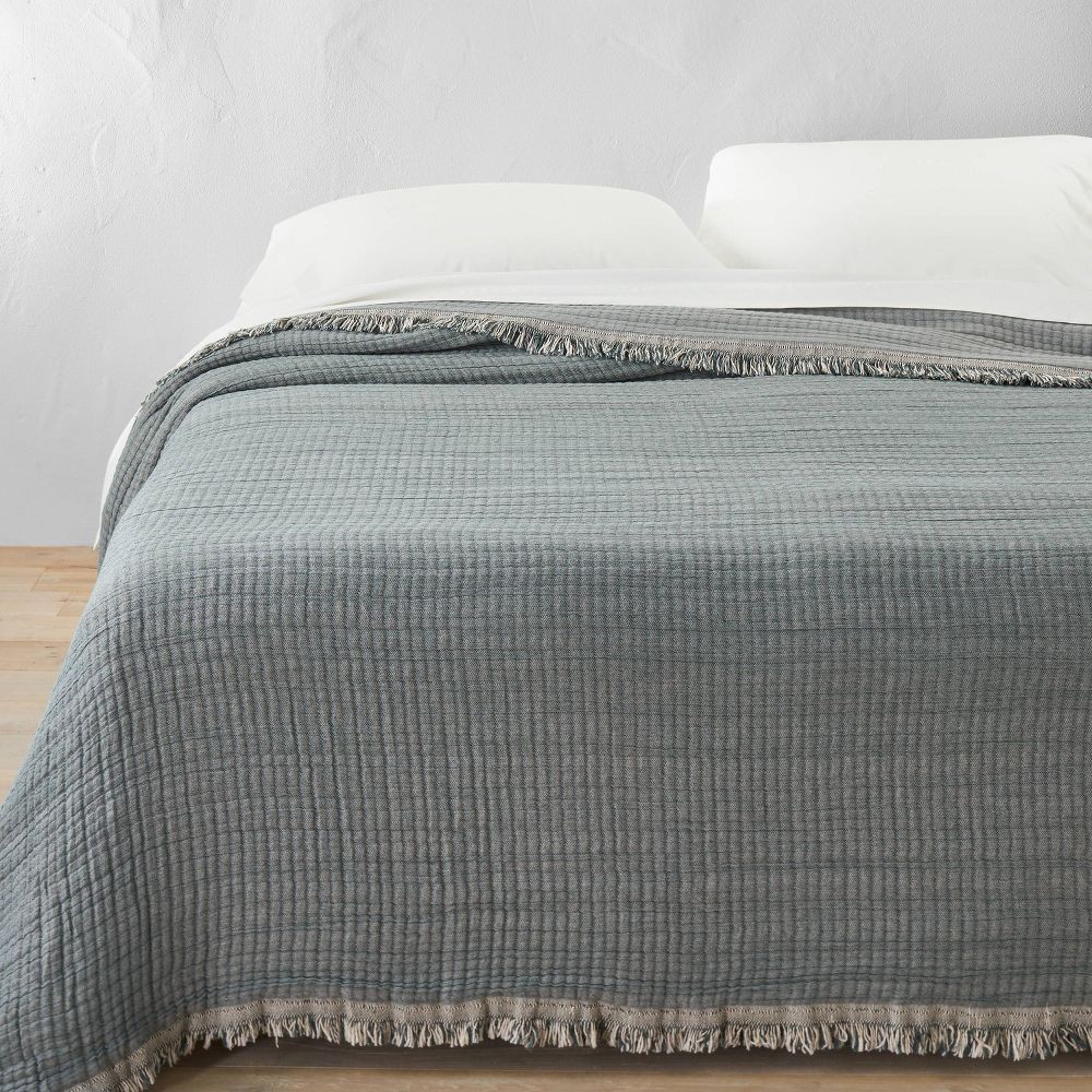 King Reversible Textured Cotton Chambray Coverlet Dark Teal Blue -