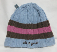 Life is Good Cable Knit Women's Beanie Toque Winter Hat Blue Stripe