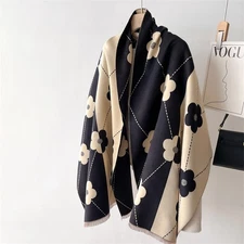Cashmere Feel Scarf Black & Beige Floral Daisy Print Oversized Winter Wrap Shawl