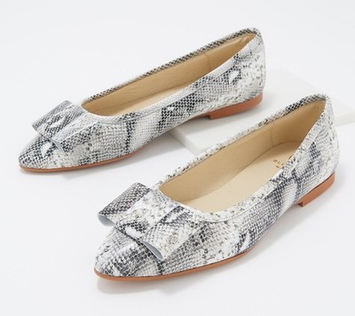 New BluBlonc Maya Leather Pointed-Toe Bow Ballet Flats Snake Size EU 36 US 6