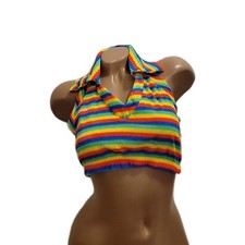 VTG 70s Sears JR BAZAAR Rainbow Terry Halter Crop Top Disco Pride Festival