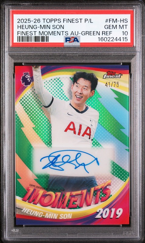 4415 Heung-Min Son 2025 Topps Finest EPL Green Refractor Moments Auto /75 PSA 10