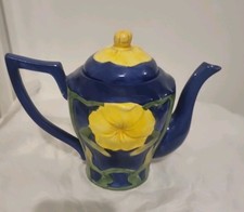 Vintage Ceramic Teapot Blue Green and Yellow Nice Yellow Flower Each Side Used .