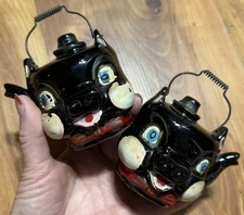 Vintage Japan Thames Redware Pig Salt Pepper Shakers Coil Handles & Cork Stopper