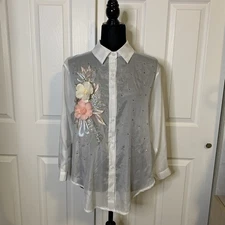 Embellished 3D Flower Sheer White Button Down Blouse Size One Size