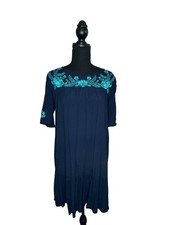 LOFT Navy Shift Dress Turquoise Floral Embroidered Short Sleeve