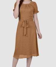 NY Collection Women's Brown Short Sleeve Belted Swiss Dot Dress Petite Size PS