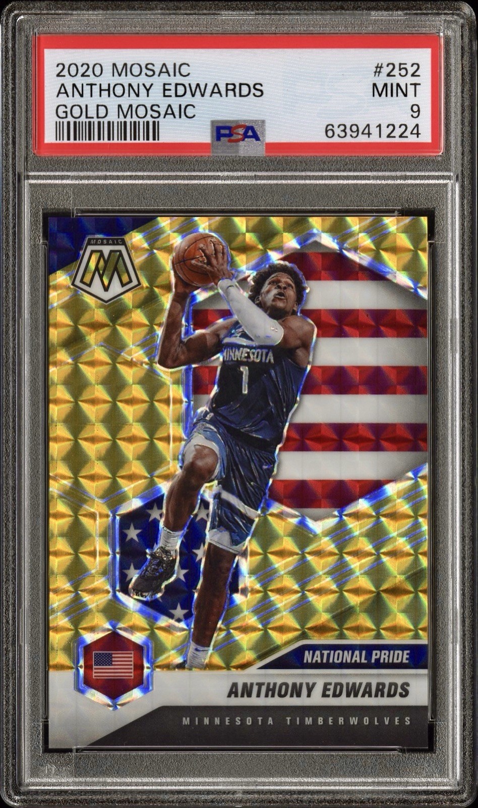 2020 Panini Mosaic 252 Anthony Edwards RC Gold Mosaic /10 PSA 9 Case Hit GEM 💎
