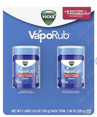 Vicks VapoRub Ointment 2 Pack 3.53 oz Each Cough Suppressant Cold Relief