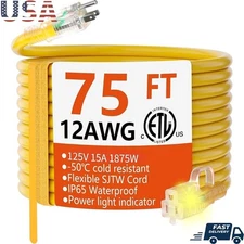75ft Heavy Duty Extension Cord 12AWG Outdoor Power Cable Surge Protection New