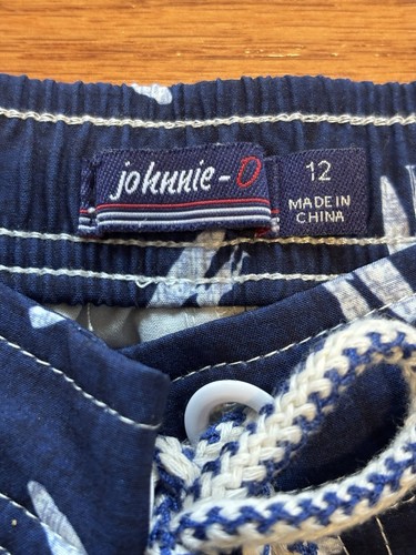 johnny was Boys Swimsuit Sz 12 Surfer Print Navy White Drawstrings Pockets - Picture 4 of 10