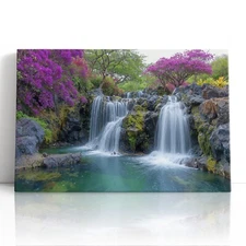 Spring Waterfall Canvas Print Wall Art – Blooming Garden Landscape Home Decor