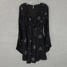 Free People Dress Women Sz 6 Black Embroidered Floral Whimsigoth Witchy Dark