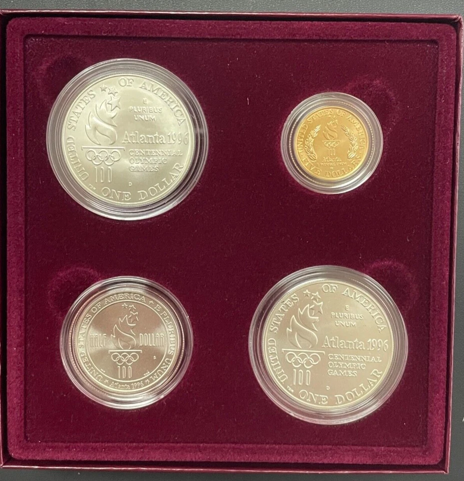 1996 US Mint 4 Coin UNC Set Atlanta Olympic Games Gold & Silver w/ Cauldron - Image 2 of 4