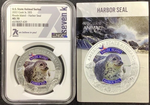 2022 Cook Islands $5 U.S. State Animal Series Rhode Island Harbor Seal NGC MS70