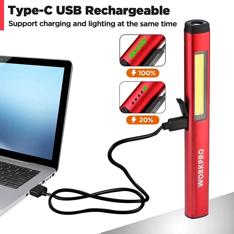 WORKPRO USB Rechargable LED Flashlight UV Black Light 450 Lumen Pocket Pen Light - Image 2 of 4