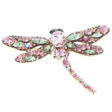 Antique Gold Tone Metal Large Crystal Dragonfly Brooch P1345-SPG