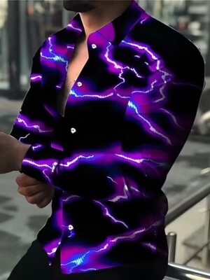 Camisa Botones Hombres Camiseta Manga Larga Estampado Gráfico Relámpagos Morados