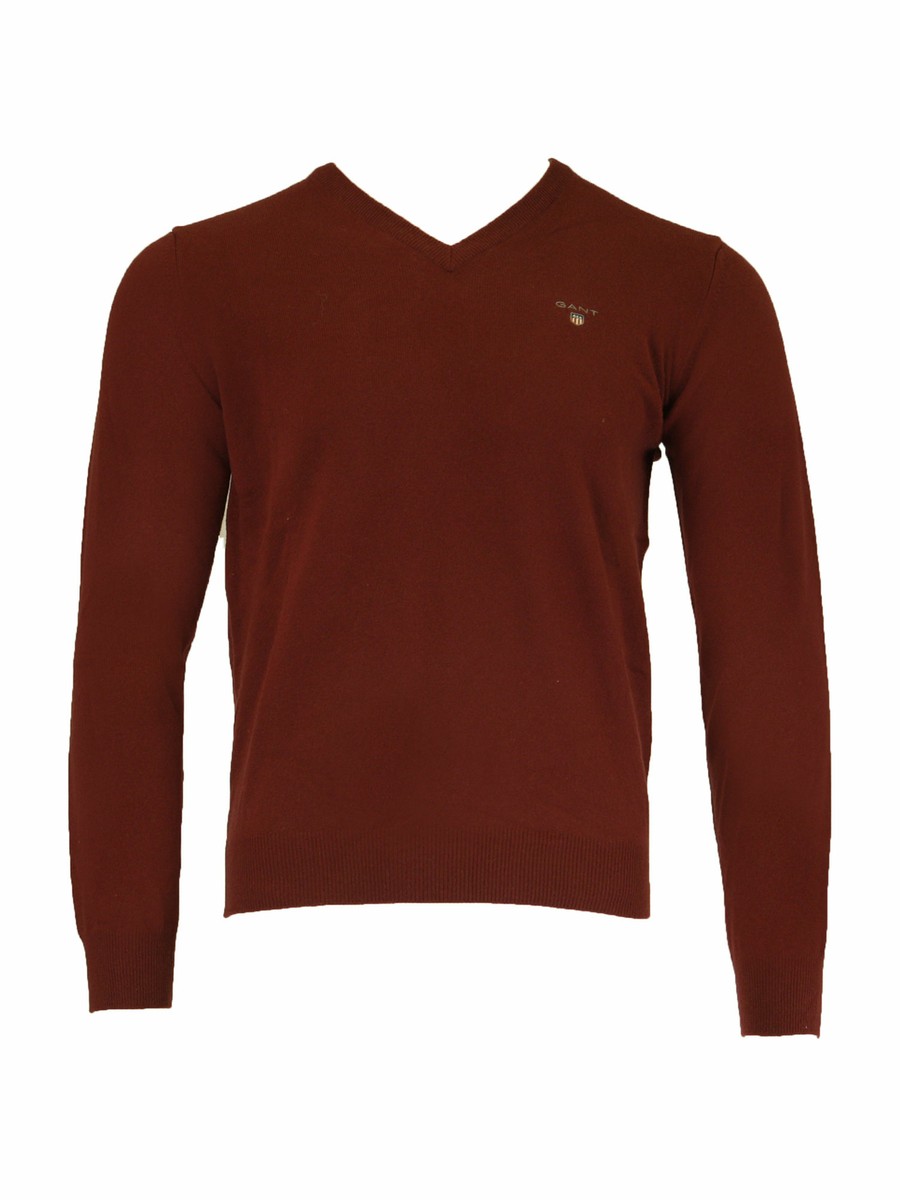 Gant Herren Weinrot Superfine Lammwolle V-Ausschnitt Pullover