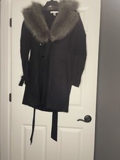 Vintage Kenneth Cole Large Winter French Coat W Removable Fur Collar Belt Black