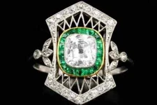 Art Deco Style Lab-Created Diamond & Emerald Halo Wedding 14K White Gold FN Ring