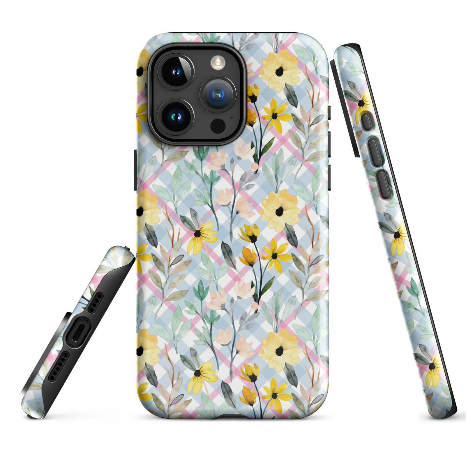 Blue Pink Check Wild Flower Pattern Tough iPhone Case-image