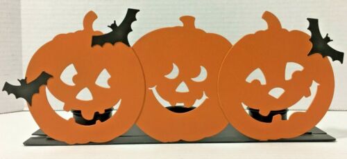 Halloween Metal Pumpkin Jack O Lantern Bats Tea Light Candle Holder 11.5"