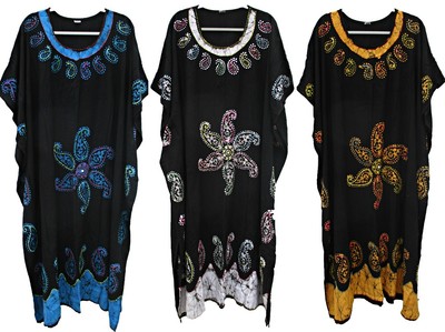 Black Hand embroidered Batik Long Kaftan Maxi Dress Size 16 18 20 22 24