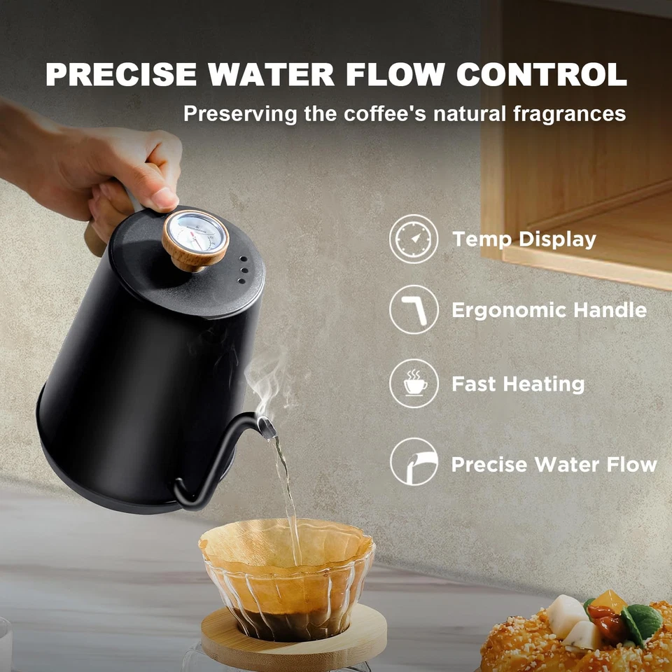 Hervidor Eléctrico Cuello de Ganso 1000W, Capacidad 1L, Acero Inoxidable, Negro Foto 2 de 4